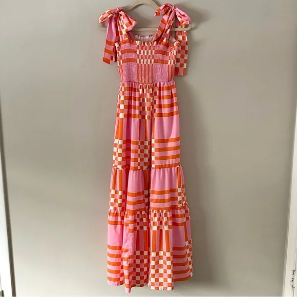 Pink & Orange Patchwork Maxi Dress Tie Strap Summer Dress Beach Vacation Dress - Picture 2 of 8